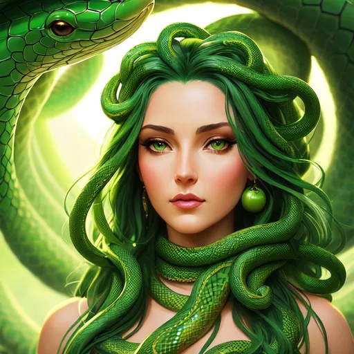 Prompt: Please produce a painted portrait of medusa, intricate, elegant, highly detailed, digital painting, art station, concept art, smooth, sharp focus, illustration, green skin, snakes, Long shot, Ambient lighting, in the style of Andy Fairhurst