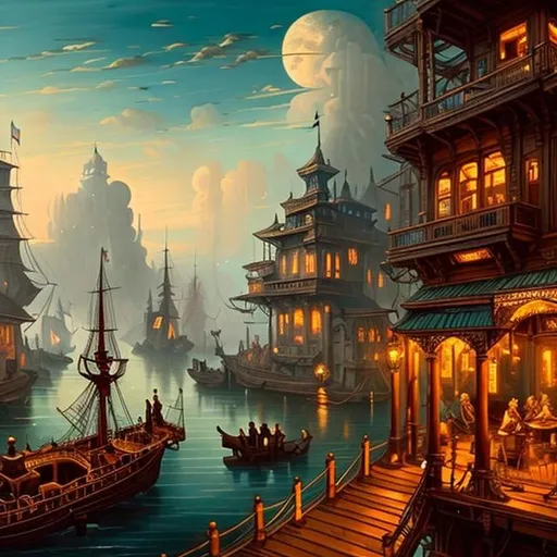 Prompt:  A 1800 century steampunk beautiful large with a window with polished refelctive wooden floors and view from a window very high up  over city dark  elaborate art . painting. vibrant. masterpiece.