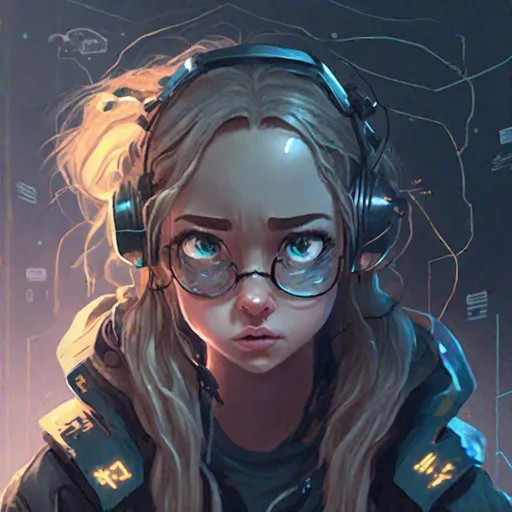 Prompt: A genius hacker girl  talks to AI ,background are natural disasters , illustration, character concept art