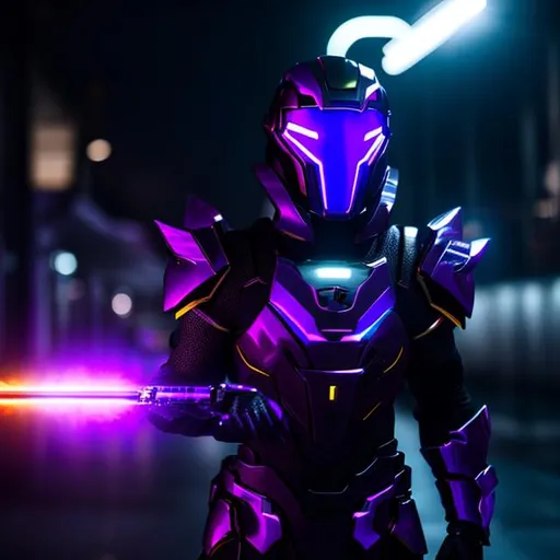 Prompt: Male guard, wearing purple futuristic armor, with energy sword, 8k, hyperrealistic, sharp, futuristic, space.(8k UHD:1.2),(8k Resolution),(hDR)(8k 3D)