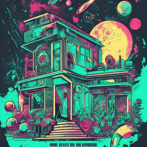 Prompt: space house punk horror movie style illustration poster

