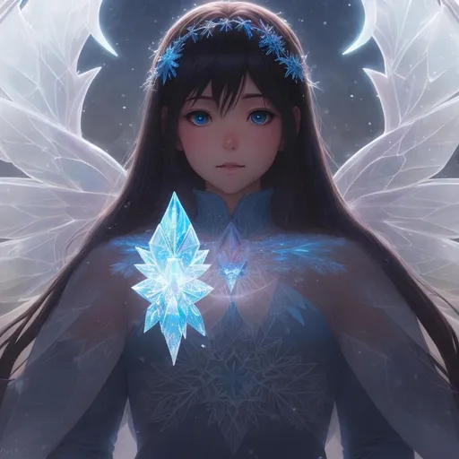 Prompt: frozen fractal deity, crystal wings, symmetrical, soft lighting, by makoto shinkai, stanley artgerm lau, wlop, rossdraws, full body