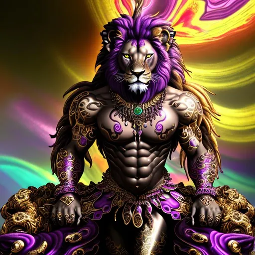Prompt: Happy, Splendid, Superb, Dreamy, freeform dark chaos epic bold, 3D, HD, [{one}({liquid metal {African Lion}Hippie} with {purple gold pink green red silver blood}ink)]::2, expansive psychedelic background --s99500