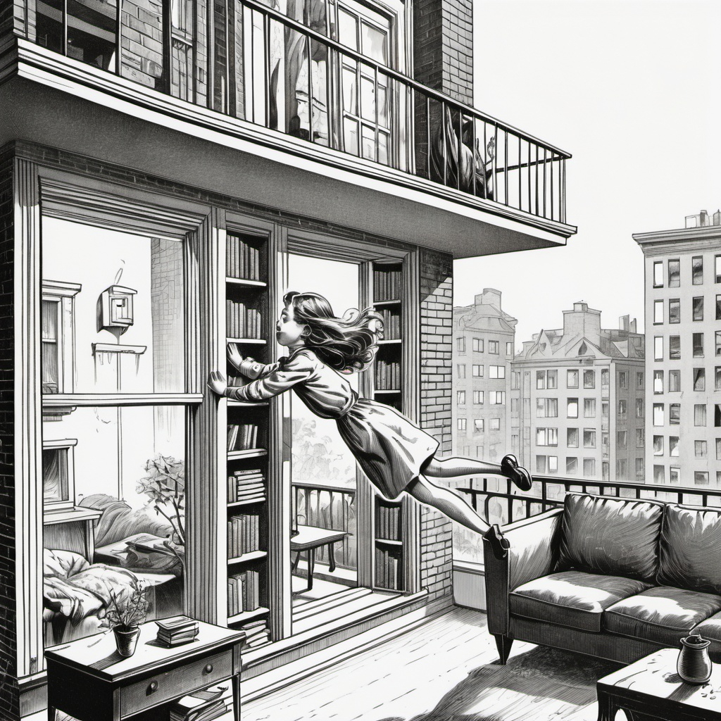 Exterior apartment building, girl falling out of an...