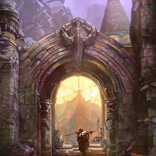 Prompt: Dwarven stonemason completing the arch of the elders. Fantasy concept art. Moody Epic painting by James Gurney, and Alphonso Mucha. ArtstationHQ. painting with Vivid color. (Dragon age, witcher 3, lotr)