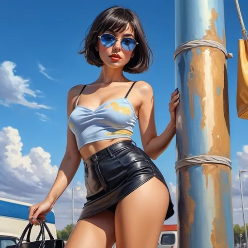 Prompt: 4k,oil painting,high resolution,professional, bright colors , blue sky,modeling , , a rich woman is modeling  ,she is standing near a pole,bob haircut,black hair,mini blue skirt reveals legs, black tube top shirt ,focus on legs ,she wears sunglasses , mirrored lens, close up , portrait , she holds a bag with her hand