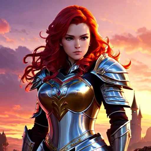 Prompt: splash art of princess knight  wearing armor, beautiful, serious face, red hair, wavy hair, standing, sugestive pose, detailed castle background, detailed armor, detailed accessoriess, hyperdetailed, cinematic shot, natural light, sunset, 64k, ultra hd