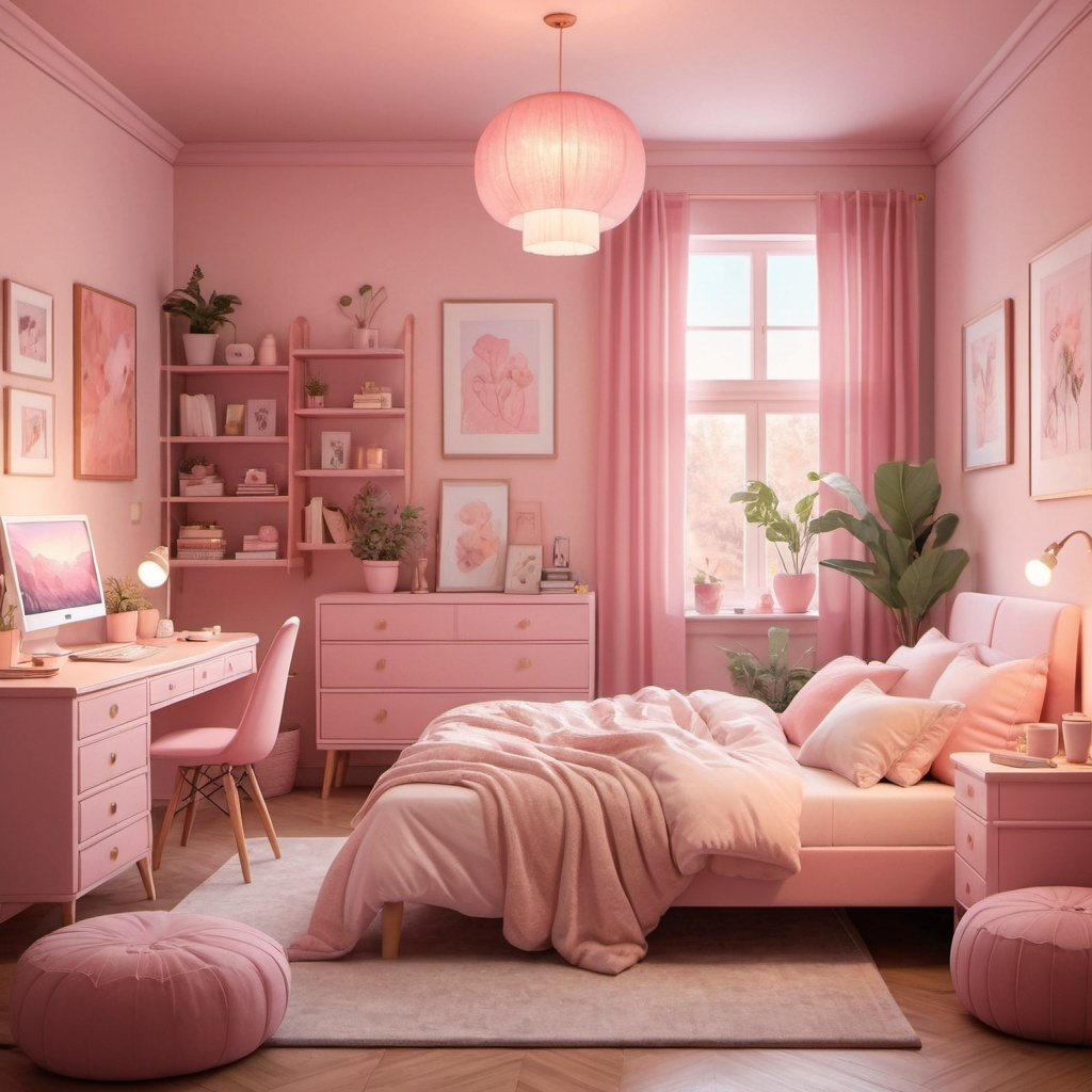 Cozy pink bedroom for content creator, soft and warm...