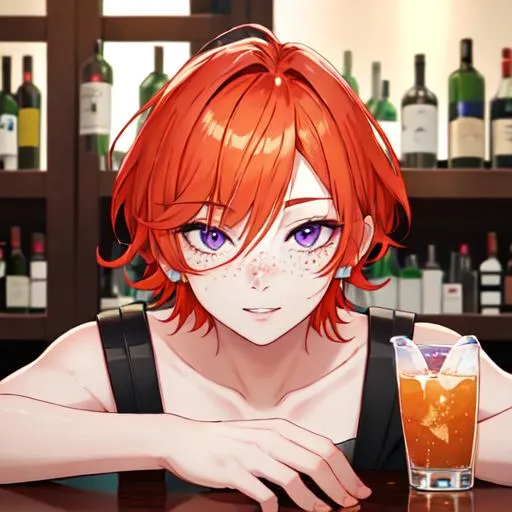 Prompt: Erikku male (short ginger hair, freckles, right eye blue left eye purple)  UHD, 8K, Highly detailed, insane detail, best quality, high quality. at the bar, drinking liquor