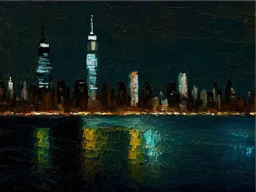 Prompt: Thick oil impasto York Skyline from 42nd Street Pier, thick oil impasto