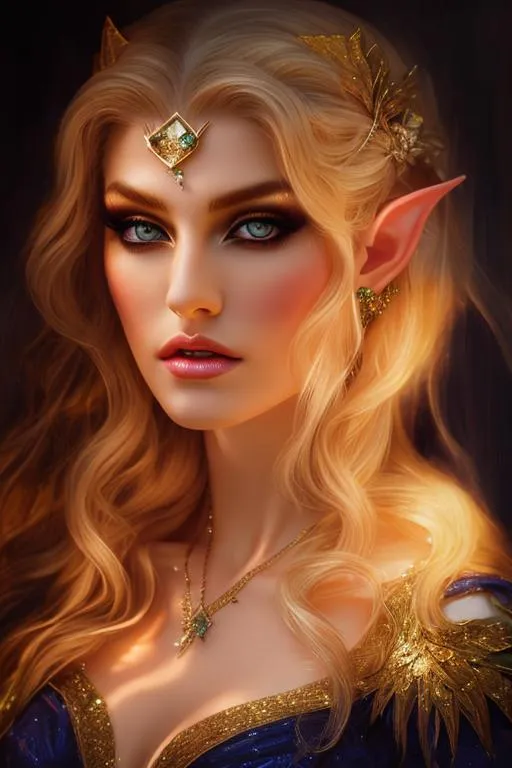 Prompt: high quality, beautiful female elf wizard queen, oil painting, Very detailed,  clear visible face,  yellow eyes, big huge yellow eyes, elf ears