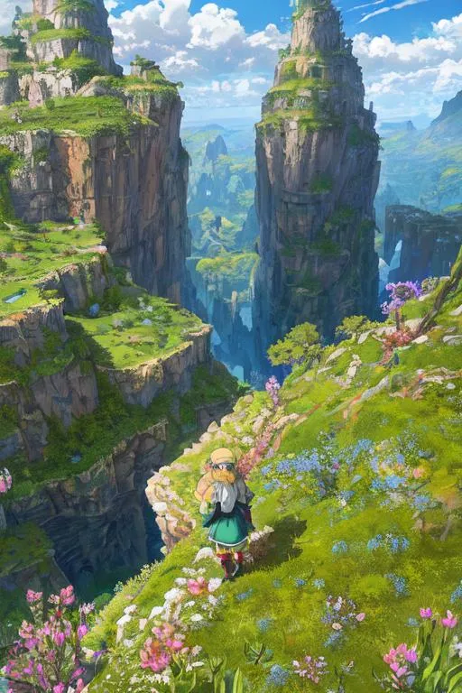 Prompt: Made In Abyss,

masterpiece intricate hyperdetailed best quality flat color pencil sketch 2D 1 anime girl joyful, blonde fluffy hair, hyperdetailed blue and green steampunk fantasy leather and cotton clothes, hyperdetailed face, standing on the grass valley,

scenic view landscape 2D flat color medieval city on the gigantic abyss hole vector background, action shot, extreme long shot wide view, full frame wide angle,

sunshine, blue sky, cinematic lighting,

precise hard pencil strokes, thick and hard pencil outline,

hyperdetailed 2D vector concept art picture, vector, illustration, character concept,

2D fantasy concept art style, inspired by final fantasy art, adventure, inspiring, colorful, heroic fantasy art,