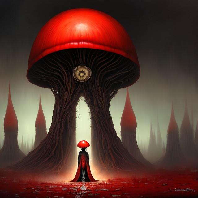 a woman in a long coat is walking towards a red mushroom like structure with a red dome on it Dirk 