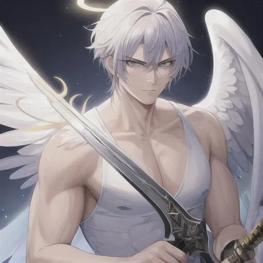 Prompt:  Tough looking male angel with wings and a halo (detailed face), wielding a holy sword, fighting
