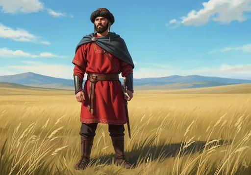 Prompt: A young Scythian man of 20 years old from antiquity, 2nd century, wearing a red tunic, with black hair and a black beard, stands in the background of a steppe plain. Made in a painting style.