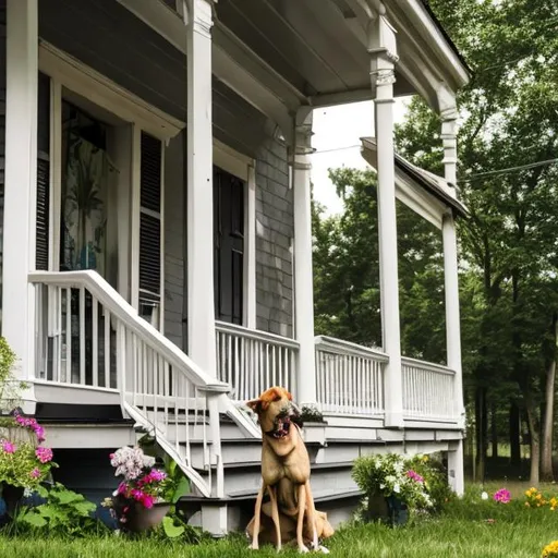 Prompt: Dog sitting on a porch in countryside 