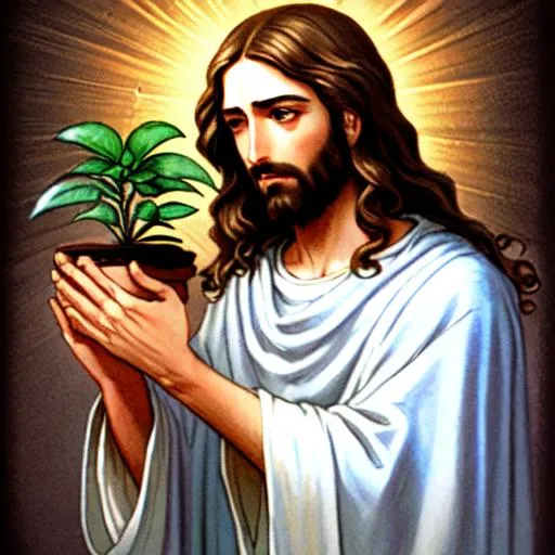 Prompt: Jesus cares for plants