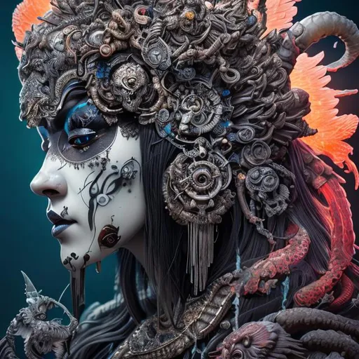 Prompt: "3 d goddess of death close - up profile portrait with ram skull. beautiful intricately detailed japanese crow kitsune mask and clasical japanese kimono. betta fish, jellyfish phoenix, bio luminescent, plasma, ice, water, wind, creature, artwork by tooth wu and wlop and beeple and greg rutkowski"