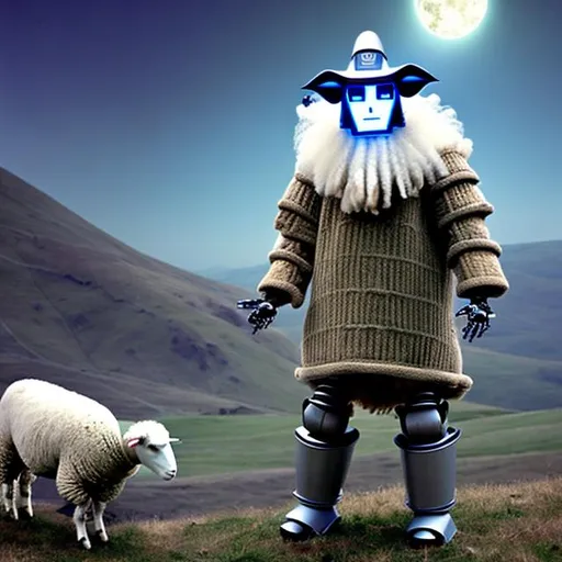 Prompt: robot sheep wizard photo