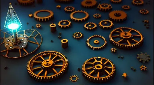 Prompt: voxel art, steampunk, dark colors, sparkling night, stars, giant gears floor, gears, mechanical world
