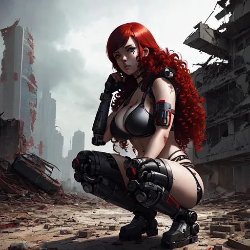 Prompt: female cyborg in ruins, post-apocalyptic, Ilya Kuvshinov, red hair, long curly hair, grey eyes, black leather bikini, curvy,  squatting pose