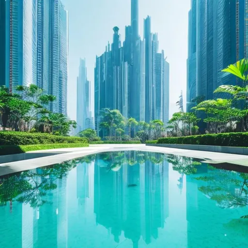 Prompt: Futuristic City White tall skyscrapers overgrown lush green plants reflection pool light blue sky
