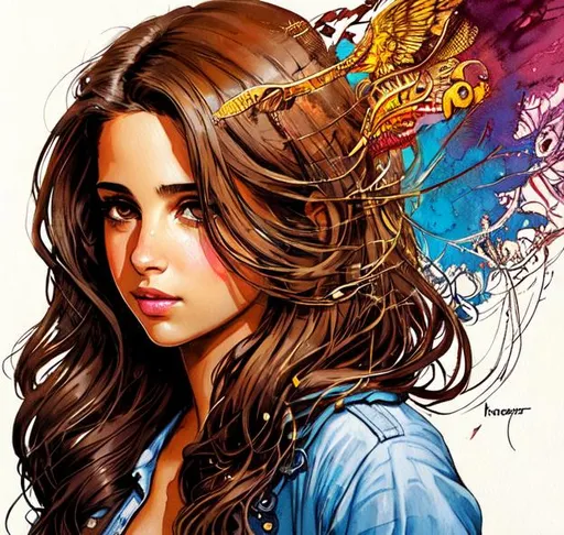 Prompt: enchanting,sticker of a full body picture of a Naomi Scott, long brown hair, highly detailed beautyfull face, banksy art, Kim Jung gi, freedom, soul, digital illustration, comic style, fantasy noir, approaching perfection, dynamic, highly detailed, watercolor painting, artstation, concept art, smooth, sharp focus, illustration, art by Carne Griffiths and Wadim Kashin ,