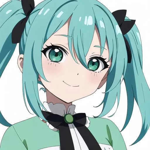 Prompt: masterpiece, (Chibi), blue hair, long hair, green eye, detailed face, pigtails, happy, highlight eyes, pastel color, anime style, dress, white background, melon
