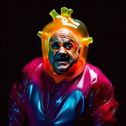 Prompt: Full view of Intimidating mohawked Danny DeVito with a mocking expression is wearing a pomegranate and yellow-orange translucent glowing bioluminescent lumpy jello protective suit and posing threateningly in a dark room