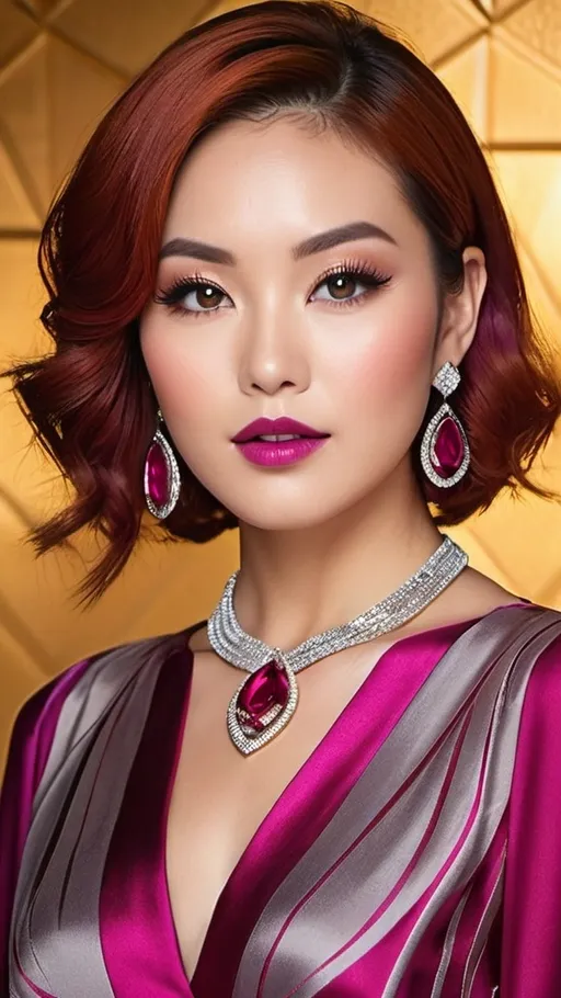 Prompt: Stunningly beautiful Japanese woman, age 25, perfect diamond face, arched eyebrows, prominent cheekbones, full mouth, magenta makeup, auburn bob, vibrant gray eyes, diamond loop earrings, ruby sapphire diamond & gold geometric pattern necklace & pendant, apricot blouse, curvaceous figure, bosomy physique, high-res, pro lighting, fashion photography, sophisticated composition, intense gaze.