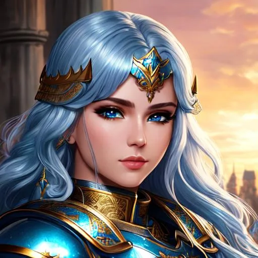 Prompt: 4K, 16K, high quality, extremely detailed, highly realistic, picture quality, cyan long hair (curly - wavy ) (female), eyeliner, silver knight armor with gold accents, steel sword, fantasy city, war-zone, fantasy, knight/general (female)