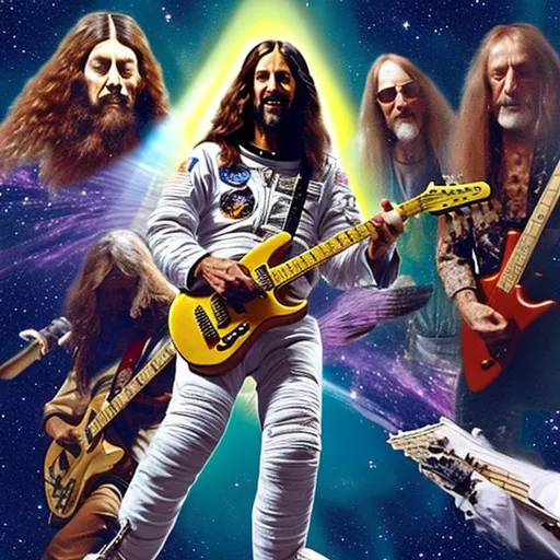 Prompt: actual photo of astronaut jesus playing guitar with all members of hawkwind, surprise me