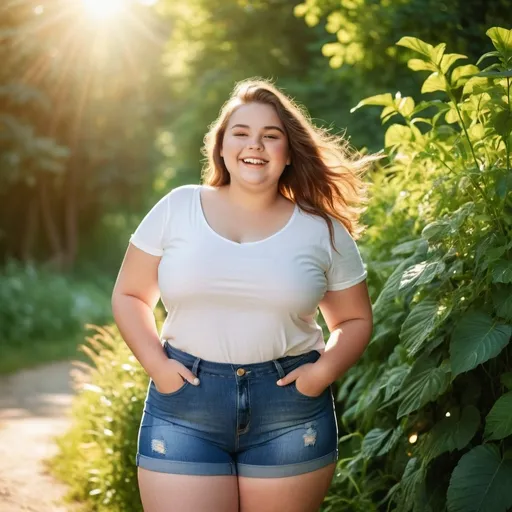 Prompt: Plus size teen girl in jeans shorts 