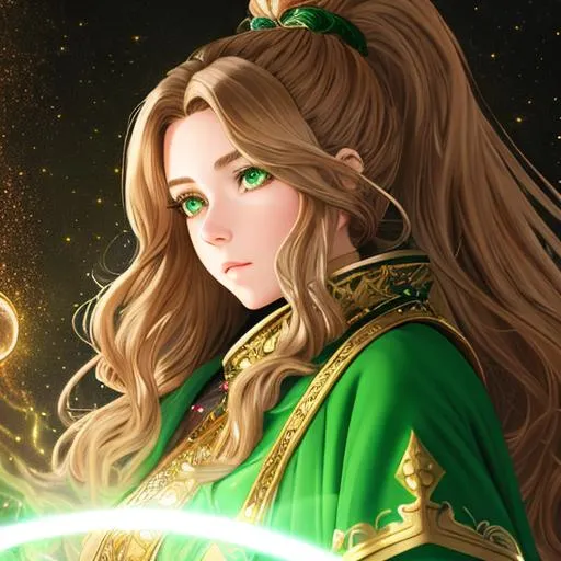 Prompt: "Full body, oil painting, fantasy, anime portrait of a gold dwarf woman with wavy light brown hair in a ponytail and dark green eyes | Elemental earth sorceress wearing intricate green wizard robes casting a rock spell, #3238, UHD, hd , 8k eyes, detailed face, big anime dreamy eyes, 8k eyes, intricate details, insanely detailed, masterpiece, cinematic lighting, 8k, complementary colors, golden ratio, octane render, volumetric lighting, unreal 5, artwork, concept art, cover, top model, light on hair colorful glamourous hyperdetailed medieval city background, intricate hyperdetailed breathtaking colorful glamorous scenic view landscape, ultra-fine details, hyper-focused, deep colors, dramatic lighting, ambient lighting god rays, flowers, garden | by sakimi chan, artgerm, wlop, pixiv, tumblr, instagram, deviantart