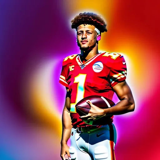 Prompt: Fractal paint color pop close product shot of Patrick Mahomes holding a foot ball toward the camera thee football is the center of attention