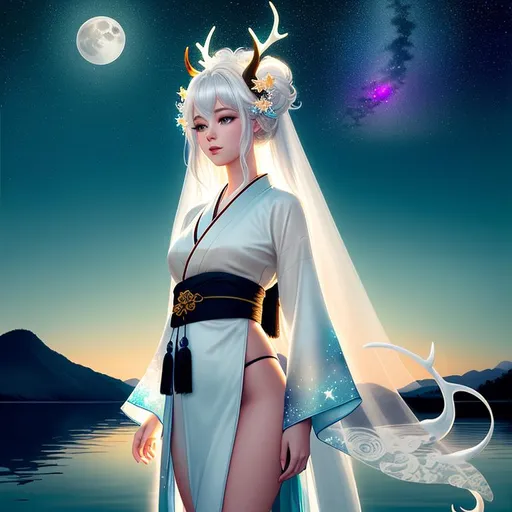 Prompt: painting of a beautiful girl, style of Yoshitaka Amano and Pixar, (messy cream white hair), arms showing, legs showing, dusk, sunset, ((sunset at the lake)), bioluminescent, veils, moon, (wearing intricate kimono), (white stag horns),  (fluffy white ears), stars, night sky, delicate, teal, pink, orange, black, bright colors, soft, silk, threads, ethereal, nebula, galaxy, luminous, ribbons, 3D lighting, soft light