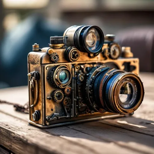 Prompt: a steampunk camera lying on a metal table