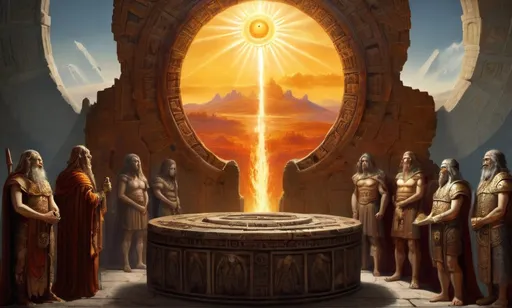 Prompt: in the foreground are the ancient people Hyperboreans, who possessed secret knowledge and worshiped the sun god, in the background a view of Hyperborea