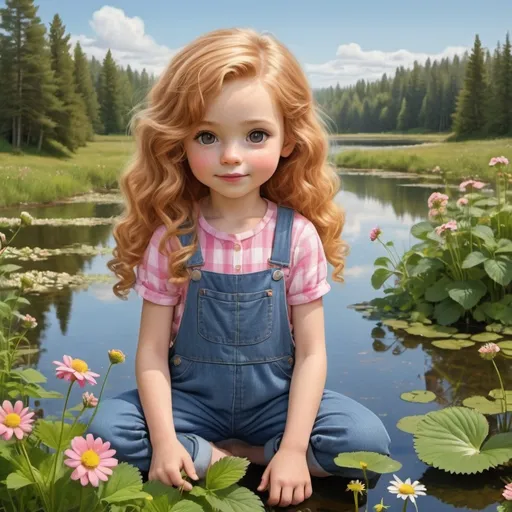 Prompt: cartoon photograph little light strawberry blonde long curly-haired hazel eyes girl wearing rolled-up denim overalls and a pink checked shirt gathering wildflowers near a large pond filled with plants and vegetation 
