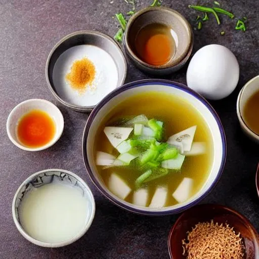 Prompt: a table with ingredients of a miso soup