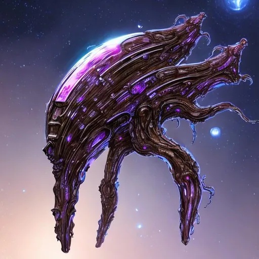 Prompt: Bio-Space ship of metallic flesh, crystal form, squid ship, symmetrical , in the style of mass effect 