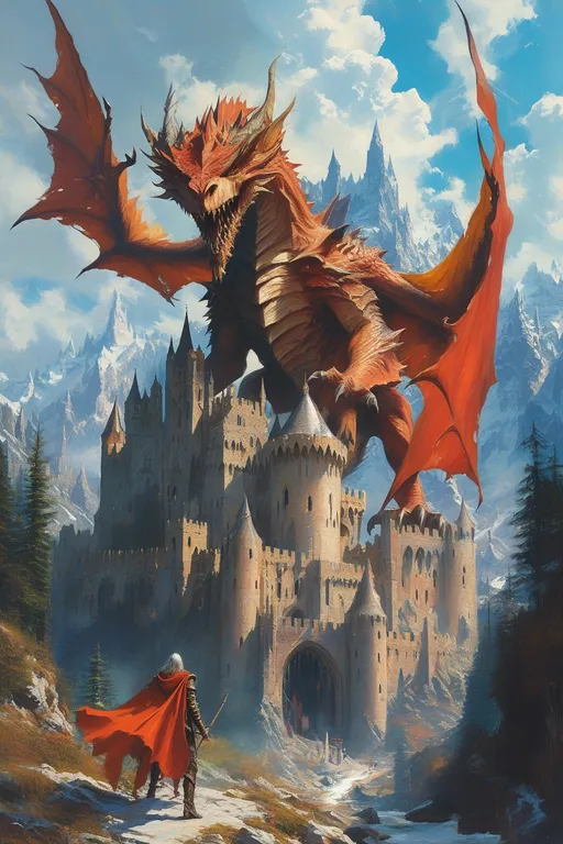 Prompt: Fantasy art painting of a fierce dragon attacking a brave men, epic castle towering in the foreground, majestic mountains looming in the background, vibrant colors and dynamic brushwork portraying movement and intensity, stunning portrayal of conflict and courage, inspired by Darek Zabrocki's unique style, ultra-detailed with high depth and captivating atmosphere, a masterpiece of fantasy illustration.