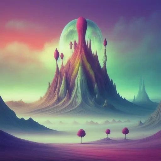 Prompt: create a surreal landscape that looks like it was taken from a dream. Include elements such as strange creatures, unusual architecture, or fantastical colors.