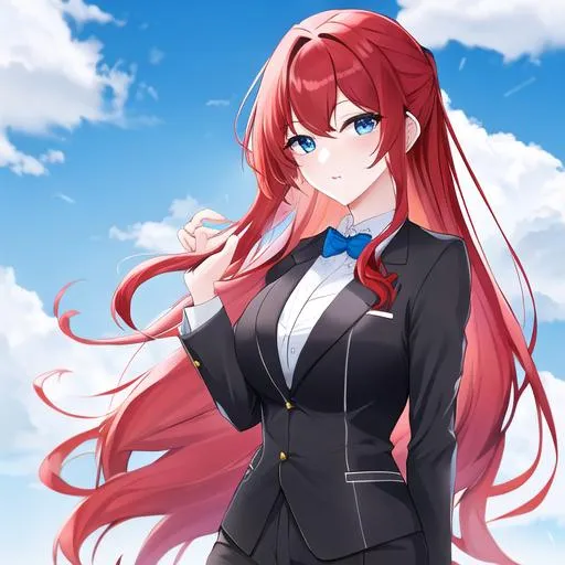 Prompt: Haley 1female (long red hair pulled back, lively blue eyes. Wearing a tuxedo. UHD,