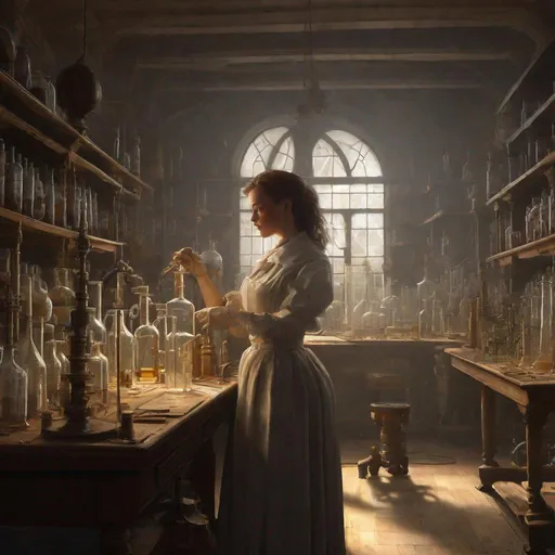 Prompt: Rebecca Ferguson, Chemistry lab setting, in the style of Adriaen van Ostade, victorian baroque fantasy sci-fi aesthetic, hyperrealism, beautifully lit, chiaoscuro, highly detailed, smooth, sharp focus, HQ, illustration, digital painting, artstation hq, behance hd