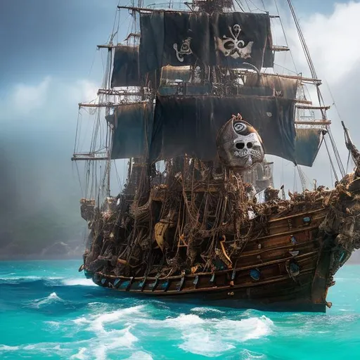 Prompt: In the Caribbean's azure waters, a formidable pirate ship emerges from the mist. Its dark, weathered hull and tattered sails speak of countless voyages. Jolly Roger flags flutter as the ship embarks on another daring adventure. volcano