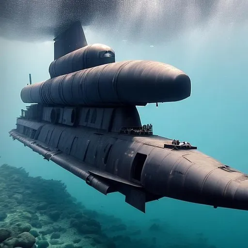 Prompt: underwater view of Navy submarine that has been designed to look like a fighter jet, firing its torpedo's
