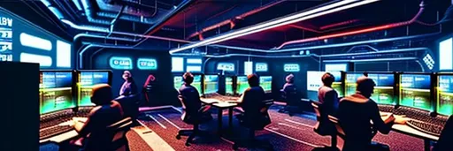 6 people in a cosy warm large space underground gaming area with many computers style of cyberpunk 