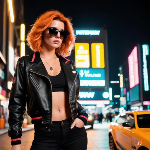 Prompt: ((ginger side swoop haired woman)) wearing (((black jeans, and black varsity jacket))), (wearing sunglasses), freckles, standing in neon ((cyberpunk city)) at night, detailed hands