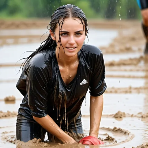 Prompt: photo of young woman, soaking wet clothes, long black shirt,  , mud run,   enjoying, water dripping from clothes, clothes stuck to body,  detailed textures of the wet fabric, wet face, wet plastered hair,  wet, drenched, professional, high-quality details, full body view , long hair